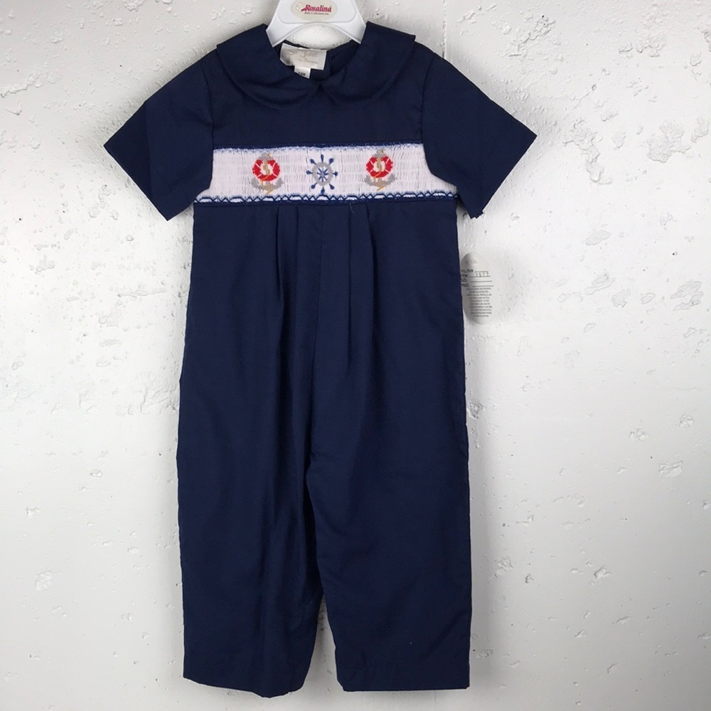 NWT ROSALINA COLLECTIONS Ocean Navy Smocked Kicker With Collar